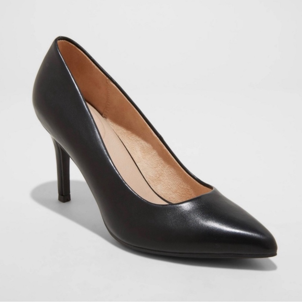 NWT - A New Day - Women's Gemma Pointed Toe Heeled Pumps, Black Faux Leather
